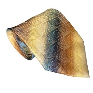 Valentino Aurelio Mens Tie Made in Italy Yellow Blue Geometric Striped 61x3.75”